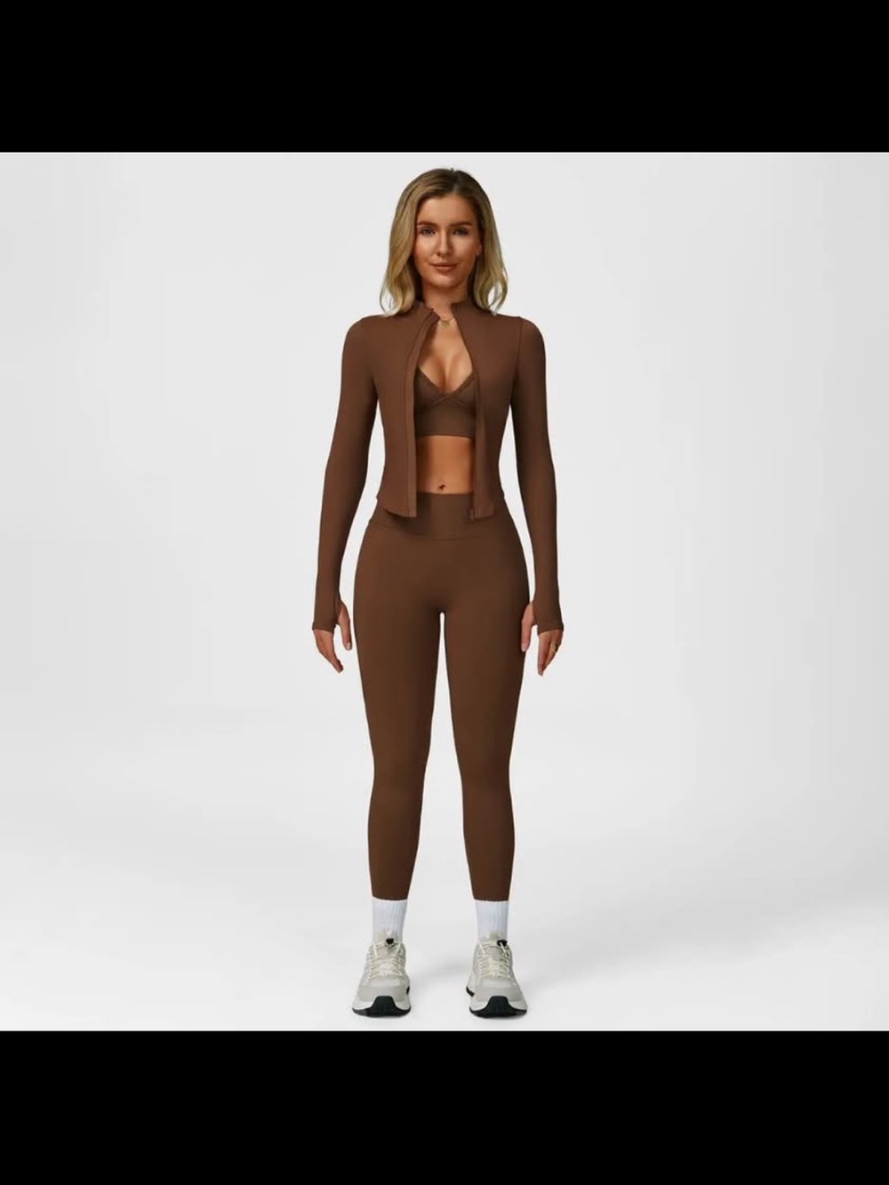Brown Seamless High-Waist Leggings and Crop Jacket Set